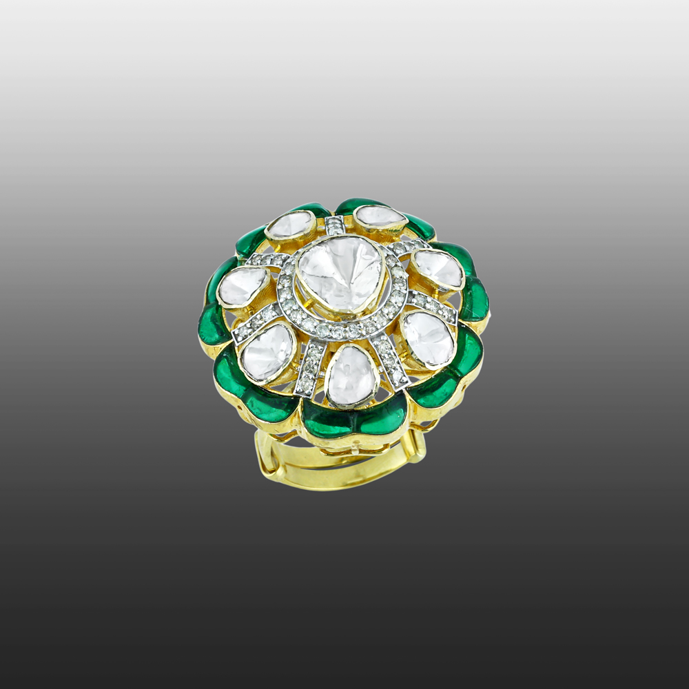 Statement Polki Ring with Green Talaf and Diamond Accents